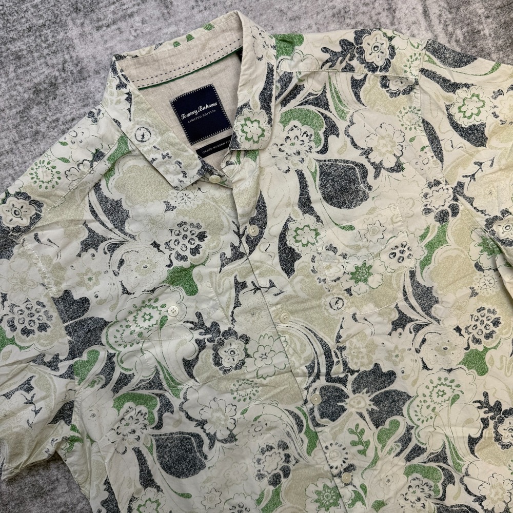 Tommy Bahama Shirt Men XL Cream Paisley Floral Silk Resort Beach Limited Edition